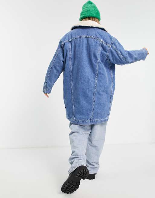 Topshop - Giacca taglio lungo con pile borg blu medio, 3 di 4