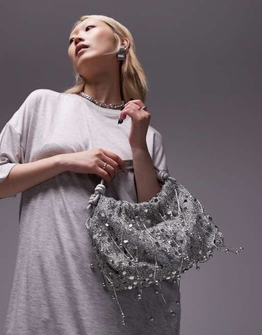 Topshop – Giami – Mit Perlen besetzte Handtasche in Silber mit Satinhenkeln