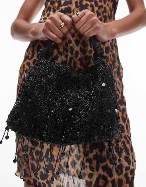 Topshop – Giami – Svart handväska med pärlor och handtag i satin