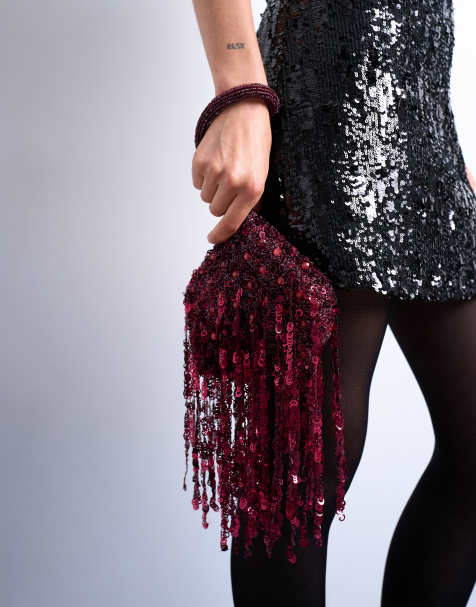 Topshop - Giana - Handtas met lovertjes en kwastjes in bordeauxrood - view 1