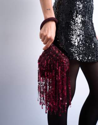 Topshop - Giana - Pailletten-Handtasche in Burgunderrot mit Fransen