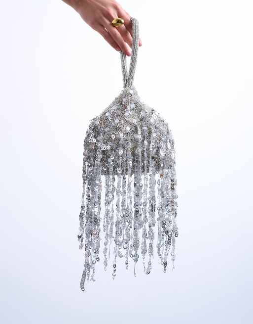 Topshop Giana sequin tassel grab bag in silver