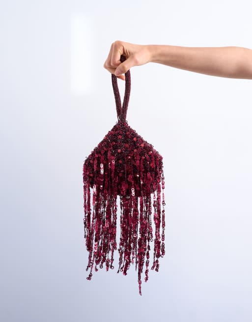 Topshop Giana sequin tassel purse in burgundy, 4 of 4