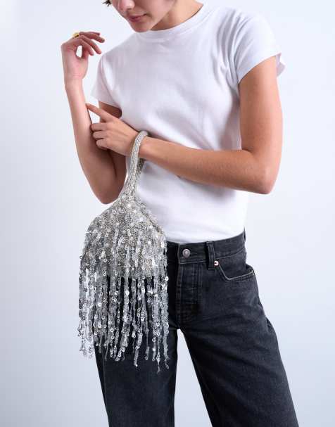 Topshop – Giana – Srebrna torebka do ręki z cekinami i frędzlami - view 1