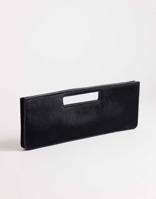 Topshop Giavanna hair-on real leather medium rectangle clutch purse in black, 2 of 4