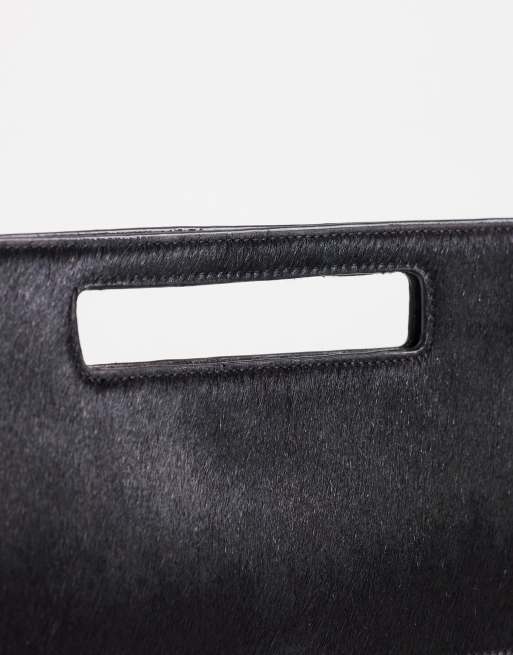 Topshop Giavanna hair-on real leather medium rectangle clutch purse in black, 3 of 4