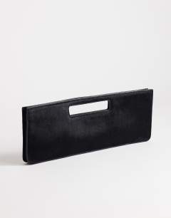 Model wearing Giavanna hair on real leather medium rectangle grab bag in black