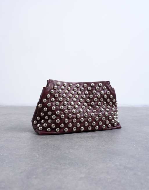 Topshop Gideon large studded clutch bag in burgundy, 2 of 4