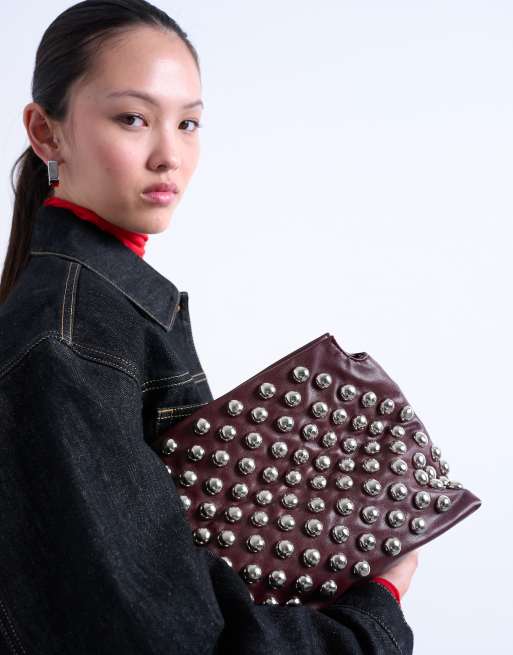 Topshop Gideon large studded clutch bag in burgundy, 3 of 4