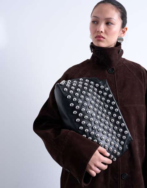 Topshop Gideon studded clutch bag in black - view 1