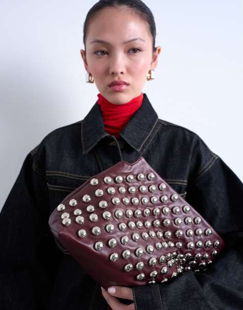 Topshop Gideon studded clutch bag in burgundy - view 1