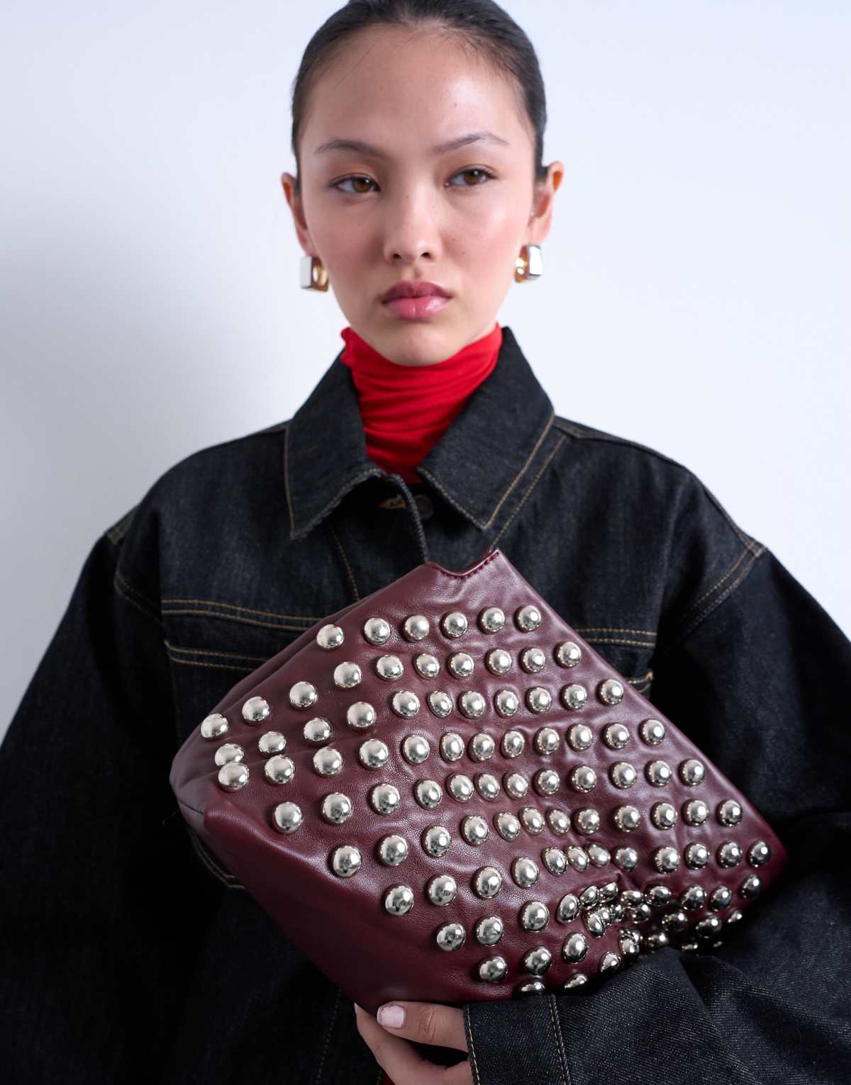Topshop Gideon studded clutch bag in burgundy