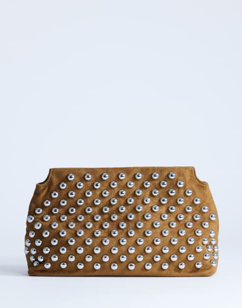 Topshop Gideon studded clutch bag in tan - view 1