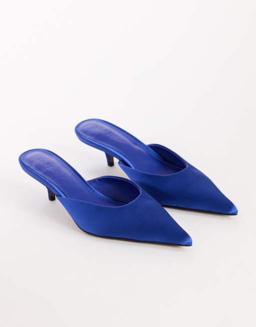 Topshop Gigi kitten heel court shoe in cobalt satin, 2 of 4