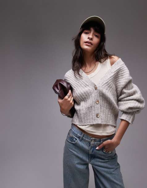 Topshop - Gilet à col en V et manches ovoïdes en maille - Avoine - view 1