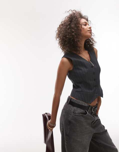 Topshop - Gilet aderente nero a righe con scollo a V in coordinato - view 1