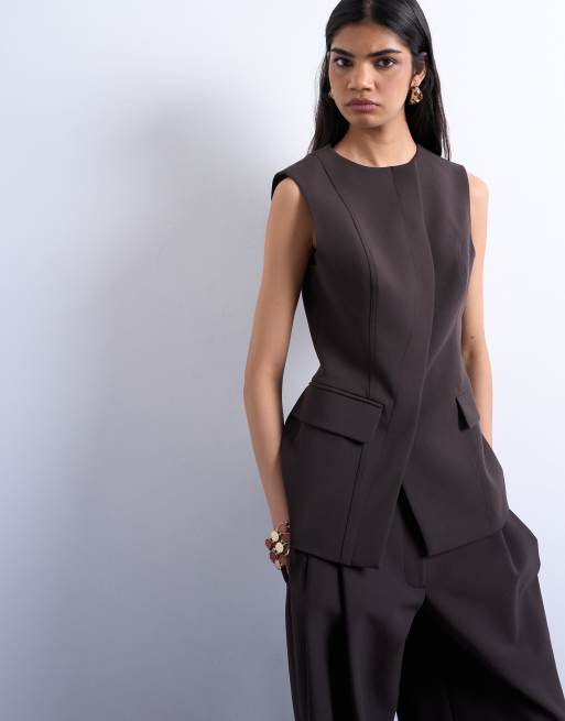 Topshop - Gilet asimmetrico color cioccolato in coordinato