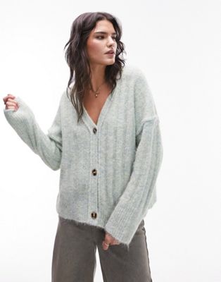 Topshop knitted fluffy v-neck cardigan in light green - ASOS Price Checker