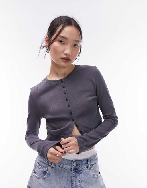 Topshop - Gilet court en maille pointelle à manches longues - Ardoise
