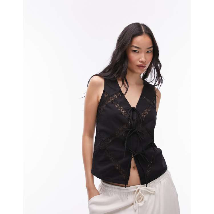 Topshop Gilet de costume avec liens noues et empiecement en dentelle Noir ASOS