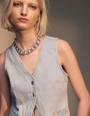 Topshop denim cinch waistcoat in ice blue - ASOS Price Checker