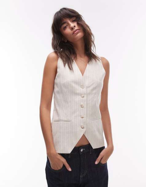 Topshop - Gilet de tailleur ajusté boutonné en lin rayé - Grège - view 1