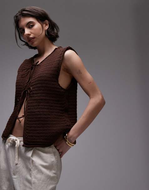 Topshop - Gilet de tailleur noué devant en maille - Marron - view 1