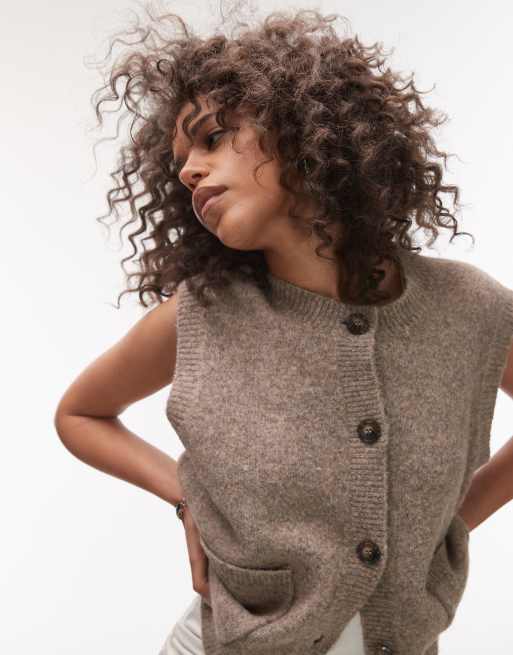 Topshop - Gilet de tailleur oversize en maille à col ras de cou et poches - Marron