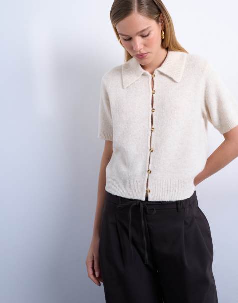 Topshop - Gilet en maille à manches mi-longues avec col - Ivoire - view 1