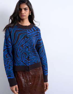 Topshop - Gilet en maille à motif animal - Bleu-Noir