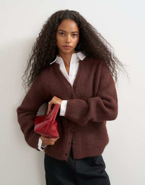 Topshop gilet en maille duveteuse à effet cils couleur chocolat - view 1