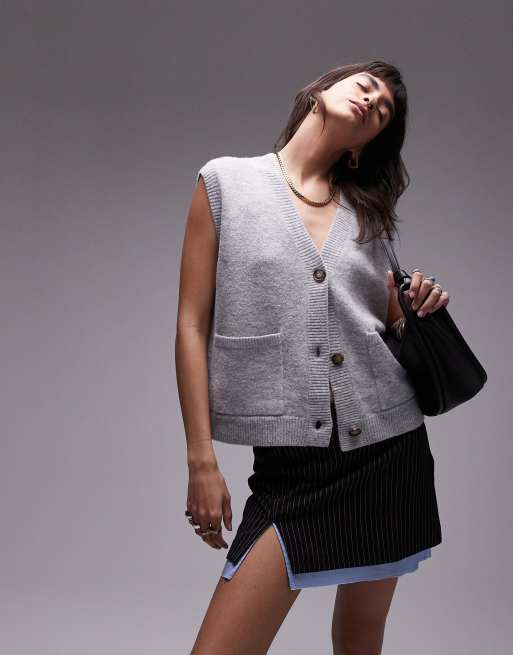 Topshop - Gilet grigio chiaro in maglia con tasche