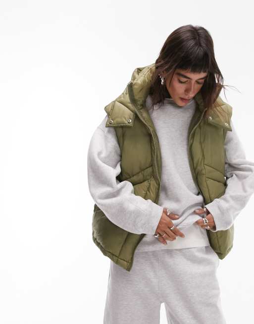 Topshop - Gilet imbottito oversize con cappuccio e cuciture a vista kaki