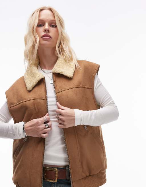 Topshop - Gilet in camoscio sintetico color cuoio, 2 di 4