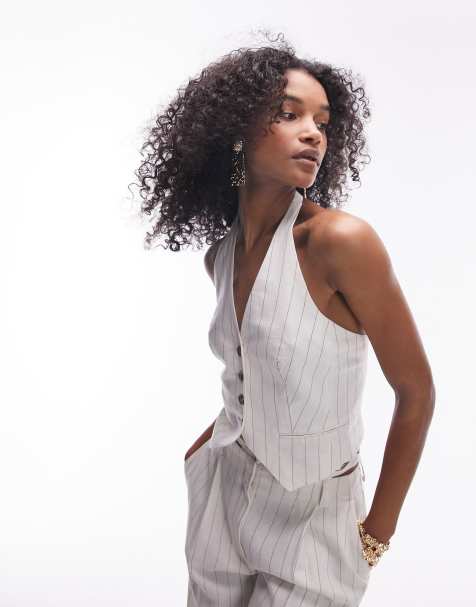 Topshop - Gilet in lino color crema a righe allacciato al collo in coordinato - view 1