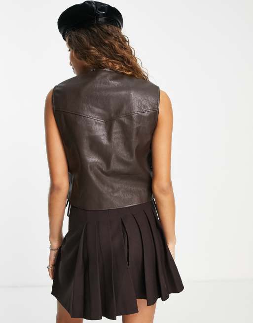 Topshop - Gilet in pelle sintetica marrone con pannelli laterali, 2 di 4