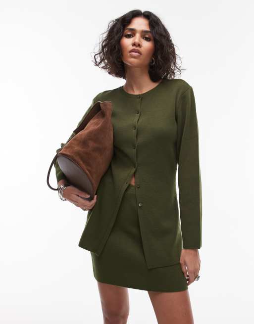 Topshop - Gilet long en maille compacte - Vert olive