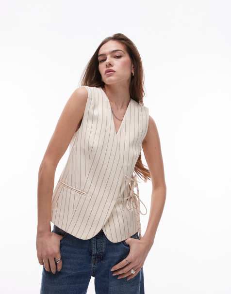 Topshop - Gilet met gestrikte zijkant en krijtstreep in beige - view 1