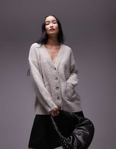Topshop - Gilet oversize en maille duveteuse à col V et poches - Avoine - view 1