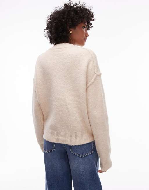Topshop - Gilet ras de cou décontracté en maille à poches et coutures apparentes - Crème, 2 de 4