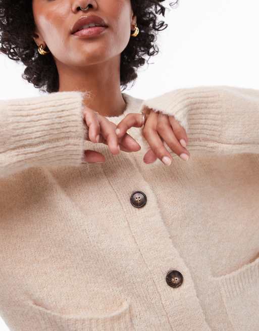 Topshop - Gilet ras de cou décontracté en maille à poches et coutures apparentes - Crème, 3 de 4