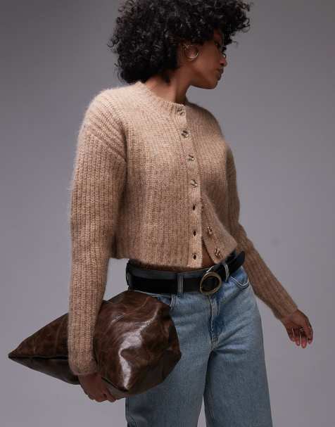 Topshop - Gilet ras de cou en maille duveteuse de qualité supérieure avec alpaga - Grège - view 1