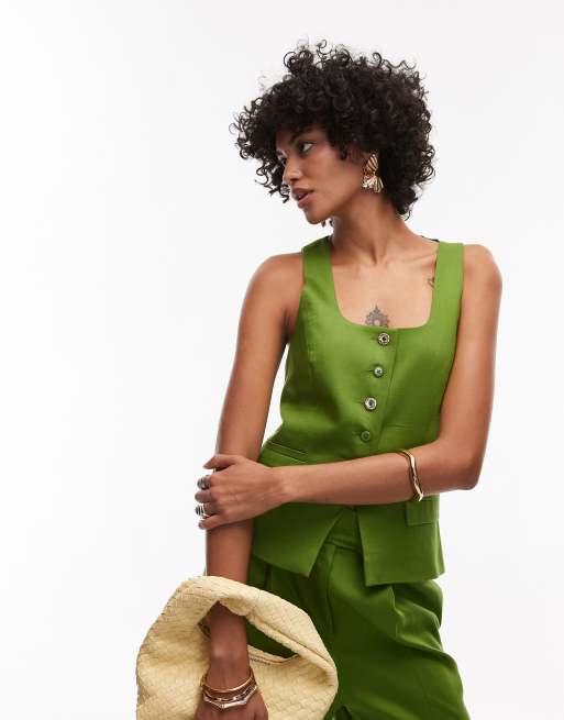 Topshop - Gilet taglio lungo da cerimonia premium con scollo rotondo verde in coordinato