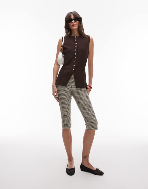 Topshop - Gilet taglio lungo marrone in maglia compatta