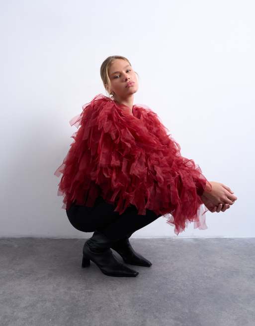 Topshop - Gilet texturé oversize en maille et organza - Bordeaux