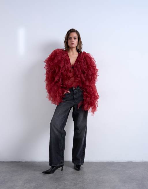 Topshop - Gilet texturé oversize en maille et organza - Bordeaux, 2 de 4