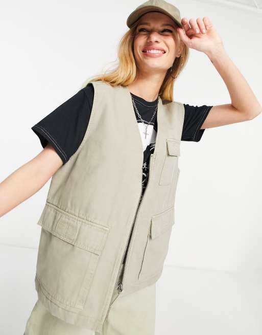 Topshop - Gilet utilitaire léger avec fermeture éclair - Camel 