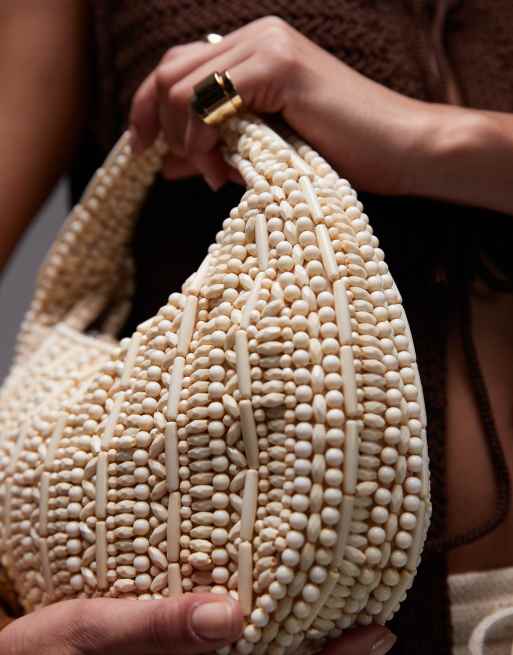 Topshop Gilly beaded grab bag in beige
