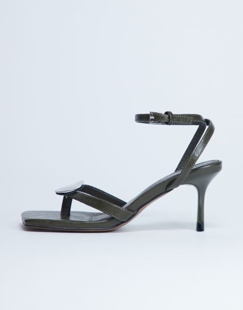 Topshop Gilly heeled toe thong with metal detail in khaki - view 1