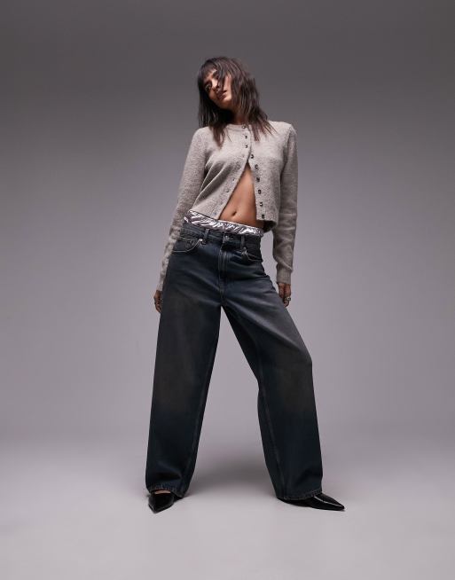 Topshop - Gilmore - Jean boyfriend à taille basse - Bleu effet sali